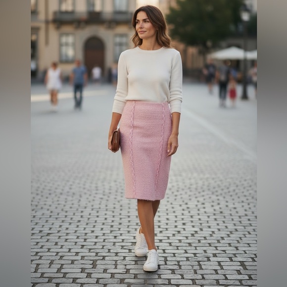 St. John Couture Pink Bouclé Knit Pencil Skirt | Wool Blend | Made in USA SZ 4 - Picture 5 of 12
